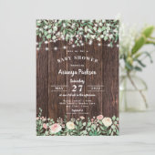 Rustic Wood Blush Floral Lights Baby shower Kaart (Staand voorkant)