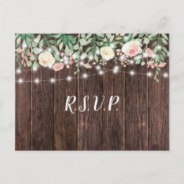 Rustic Wood Blush Floral Lights bruiloft rsvp Uitnodiging Briefkaart