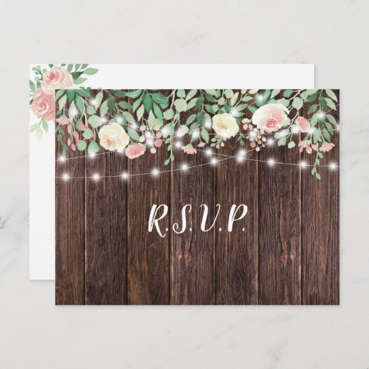 Rustic Wood Blush Floral Lights bruiloft rsvp Uitnodiging Briefkaart (Voorkant / Achterkant)
