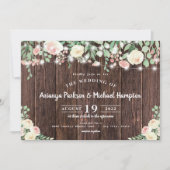 Rustic Wood Blush Floral Lights Wedding Kaart (Voorkant)