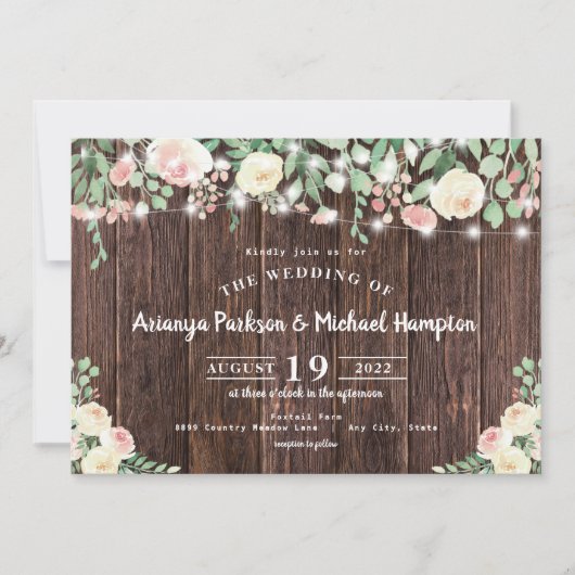 Rustic Wood Blush Floral Lights Wedding Kaart (Voorkant)