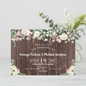 Rustic Wood Blush Floral Lights Wedding Kaart (Staand voorkant)