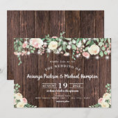 Rustic Wood Blush Floral Lights Wedding Kaart (Voorkant / Achterkant)