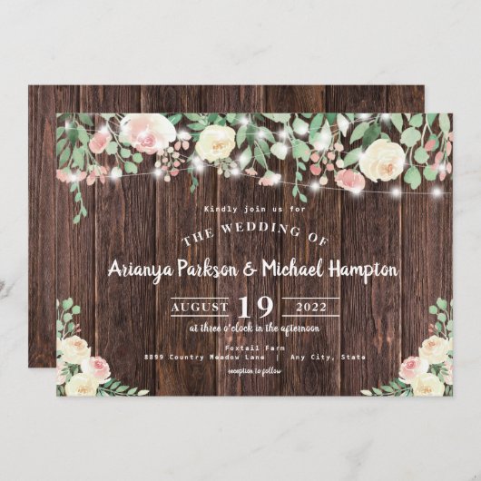 Rustic Wood Blush Floral Lights Wedding Kaart (Voorkant / Achterkant)