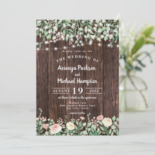 Rustic Wood Blush Floral Lights Wedding Kaart (Staand voorkant)