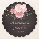 Rustic Wood Blush Floral String Lights Wedding Kartonnen Onderzetters (Voorkant)