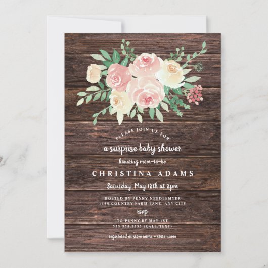 Rustic Wood Blush Floral verrassing baby shower Kaart (Voorkant)