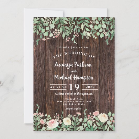 Rustic Wood Blush Floral Wedding Invitation Kaart (Voorkant)