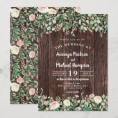 Rustic Wood Blush Floral Wedding Invitation Kaart (Voorkant / Achterkant)
