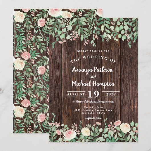 Rustic Wood Blush Floral Wedding Invitation Kaart (Voorkant / Achterkant)