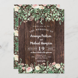 Rustic Wood Blush Floral Wedding Invitation Kaart