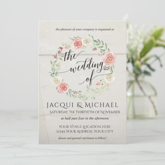 Rustic Wood Blush Ivory Rozen Leaf Wreath Wedding Kaart (Staand voorkant)