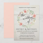 Rustic Wood Blush Ivory Rozen Leaf Wreath Wedding Kaart (Voorkant / Achterkant)