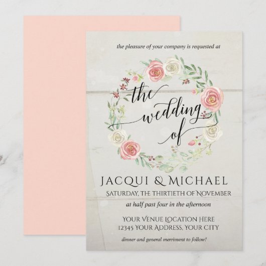 Rustic Wood Blush Ivory Rozen Leaf Wreath Wedding Kaart (Voorkant / Achterkant)