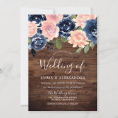 Rustic Wood Blush & Navy Floral Wedding Kaart (Voorkant)