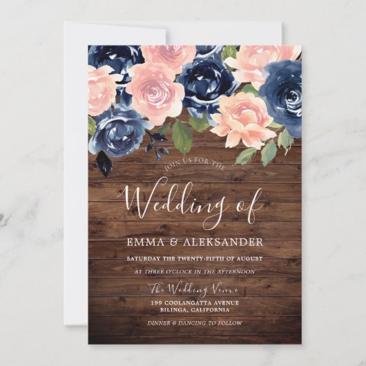Rustic Wood Blush & Navy Floral Wedding Kaart (Voorkant)