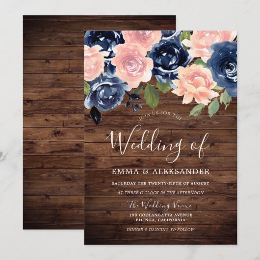 Rustic Wood Blush & Navy Floral Wedding Kaart (Voorkant / Achterkant)