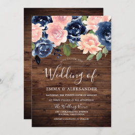 Rustic Wood Blush & Navy Floral Wedding Kaart