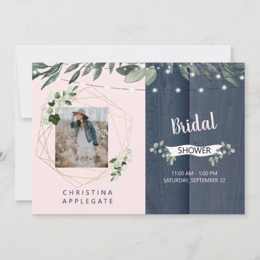 Rustic Wood Blush & Navy Foto Vrijgezellenfeest Kaart (Voorkant)