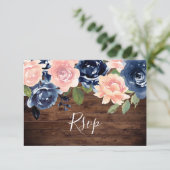 Rustic Wood Blush & Navy Waterverf Floral Wedding RSVP Kaartje (Staand voorkant)