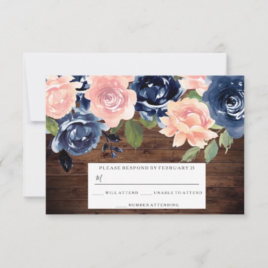 Rustic Wood Blush & Navy Waterverf Floral Wedding RSVP Kaartje (Achterkant)