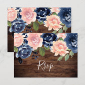 Rustic Wood Blush & Navy Waterverf Floral Wedding RSVP Kaartje (Voorkant / Achterkant)