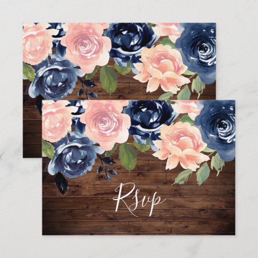 Rustic Wood Blush & Navy Waterverf Floral Wedding RSVP Kaartje (Voorkant / Achterkant)
