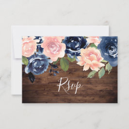 Rustic Wood Blush & Navy Waterverf Floral Wedding RSVP Kaartje