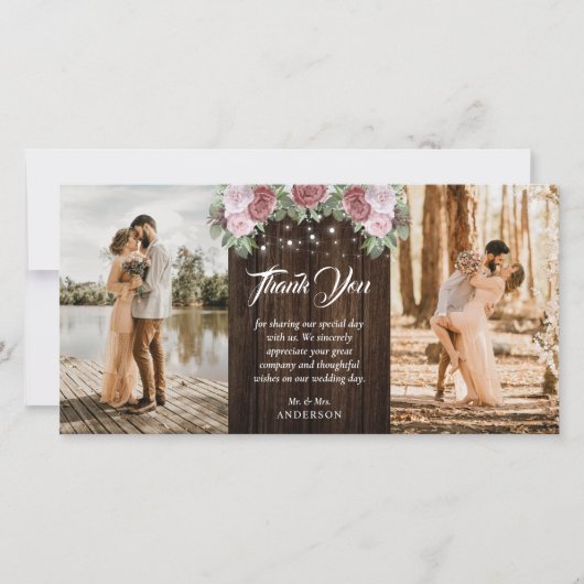 Rustic Wood Blush Pink Floral Wedding 2 Foto Bedankkaart (Voorkant)