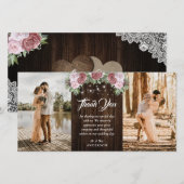 Rustic Wood Blush Pink Floral Wedding 2 Foto Bedankkaart (Voorkant / Achterkant)