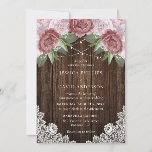 Rustic Wood Blush Pink Floral Wedding Invitations Kaart (Voorkant)