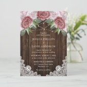 Rustic Wood Blush Pink Floral Wedding Invitations Kaart (Staand voorkant)