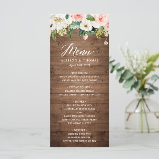 Rustic Wood Blush Pink Floral Wedding Menu (Staand voorkant)