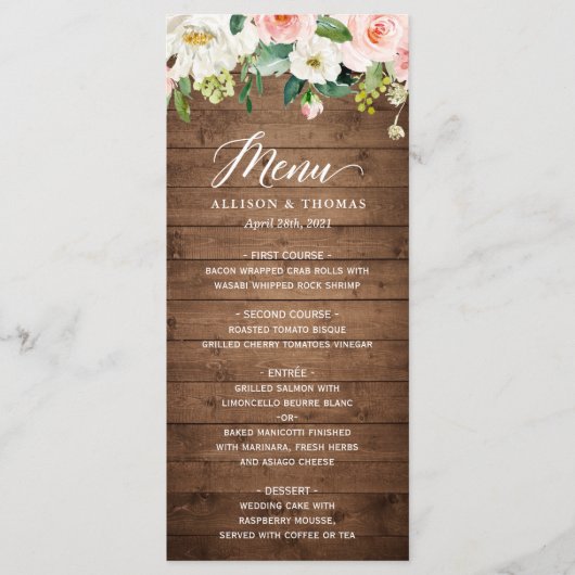Rustic Wood Blush Pink Floral Wedding Menu (Voorkant)