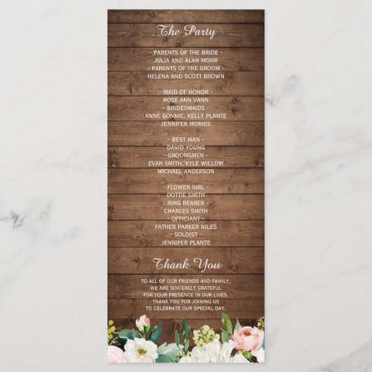 Rustic Wood Blush Pink Floral Wedding Programmakaart (Achterkant)