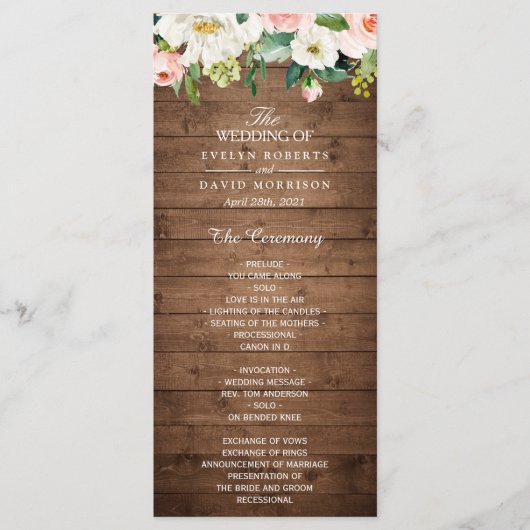 Rustic Wood Blush Pink Floral Wedding Programmakaart (Voorkant)