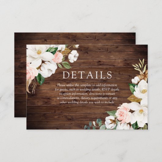 Rustic Wood Blush & White Flowers Weddenschap Deta Informatiekaartje (Voorkant / Achterkant)
