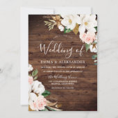 Rustic Wood Blush & White Flowers Wedding Kaart (Voorkant)
