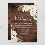 Rustic Wood Blush & White Flowers Wedding Kaart (Voorkant / Achterkant)