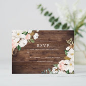 Rustic Wood Blush & White Flowers Wedding RSVP Kaartje (Staand voorkant)