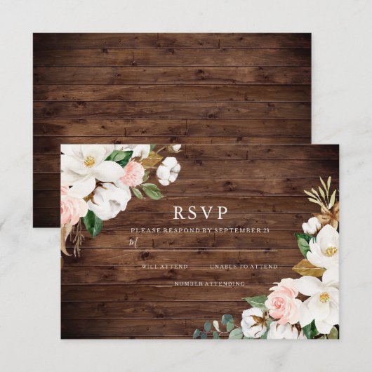 Rustic Wood Blush & White Flowers Wedding RSVP Kaartje (Voorkant / Achterkant)