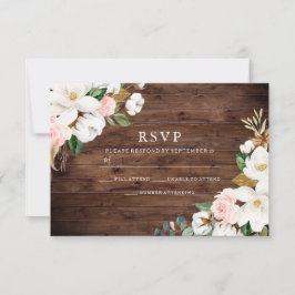 Rustic Wood Blush & White Flowers Wedding RSVP Kaartje
