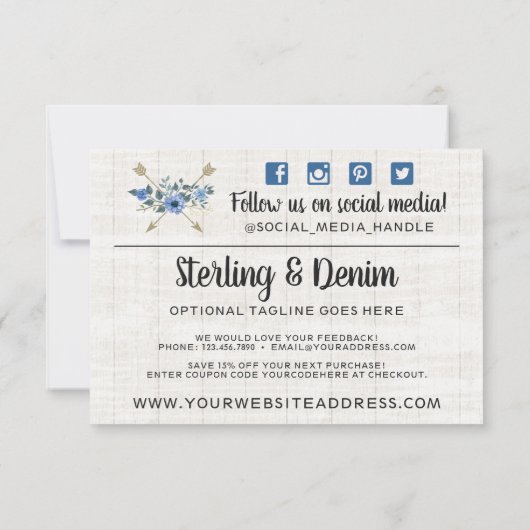 Rustic Wood & Bohemen Waterverf Hartelijk dank Kaart (Achterkant)