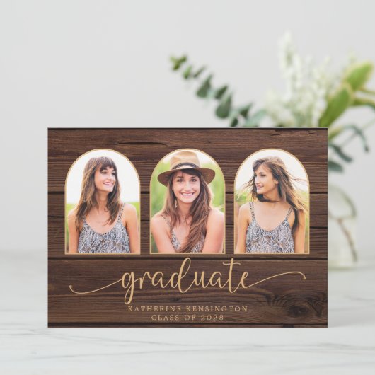 Rustic Wood Boho Arch Gold 3 Foto Afstuderen Kaart (Staand voorkant)