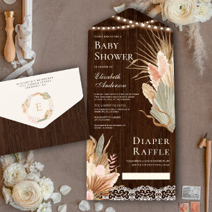 Rustic Wood Boho Dried Palm Pampas Baby shower All In One Uitnodiging
