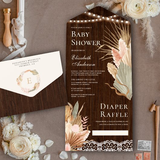 Rustic Wood Boho Dried Palm Pampas Baby shower All In One Uitnodiging