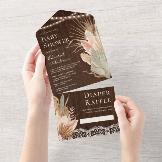 Rustic Wood Boho Dried Palm Pampas Baby shower All In One Uitnodiging (Afscheurbaar)