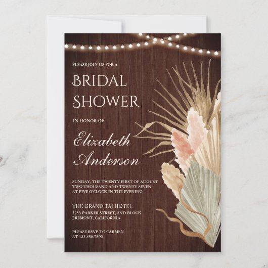 Rustic Wood Boho Dried Palm Pampas Vrijgezellenfee Kaart (Voorkant)