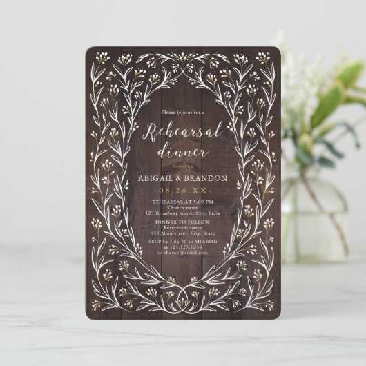 Rustic Wood Boho Floral Country Rehearsal Dinner Kaart (Staand voorkant)