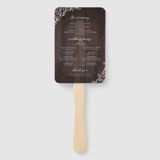 Rustic Wood Boho Floral Country Wedding Programme Handwaaier (Achterkant)